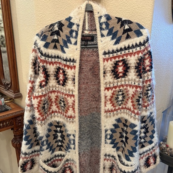 SHYANNE Aztec Western Cowboy Multicolor Pattern Long Fuzzy Cardigan Size Large - Picture 2 of 10
